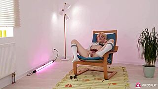 Blonde jane white fingers her shaved pussy in uniform on a chair?