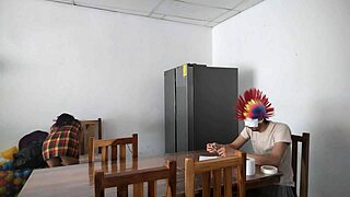 Housemaid Touches Her Body Sensually and Flirts with Dildo While Feeding Blind Man