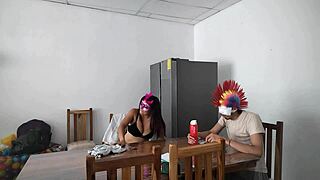 Housemaid Touches Her Body Sensually and Flirts with Dildo While Feeding Blind Man