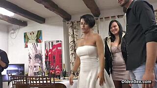 three mature ladies team up with a young babe for wild group sex after dinner.