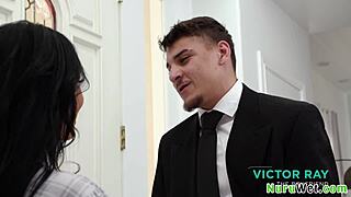 Stunning busty brunette prepares her client for a relaxing nuru massage with oils.