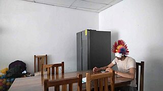 Housemaid Touches Her Body Sensually and Flirts with Dildo While Feeding Blind Man