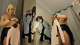 Sexy naked blond tries on hot outfits in dressing room vid 😍