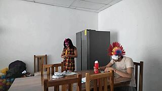 Housemaid Touches Her Body Sensually and Flirts with Dildo While Feeding Blind Man