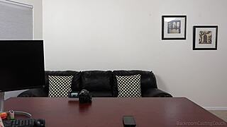 Two hot babes get their faces fucked and asses creampied in a casting couch threesome