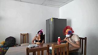 Housemaid Touches Her Body Sensually and Flirts with Dildo While Feeding Blind Man