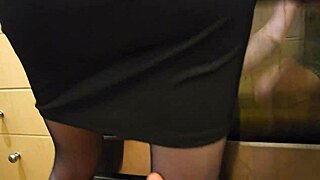 Petite Step Sister In Black Dress And Stockings At Kitchen Desk