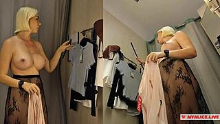 Sexy naked blond tries on hot outfits in dressing room vid 😍