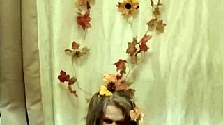 A housewife slave uses dildo in homemade exhibitionist autumn party.