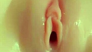 licking cum from tight pussy in closeup threesome