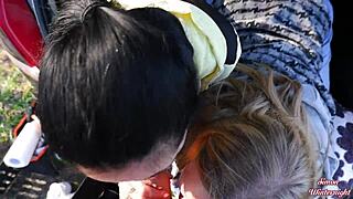 outdoor double blowjob in a car trunk, wild stuff