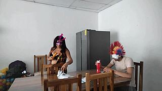 Housemaid Touches Her Body Sensually and Flirts with Dildo While Feeding Blind Man