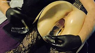 Young slim girl experiments with various dildos