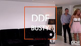 Busty babe Kyra hot titty fucks with her 36Cs and gets sprayed with jizz.