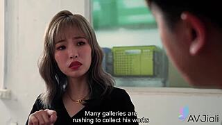 Naked brunette gets fucked after posing for painting