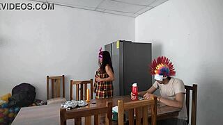 Housemaid Touches Her Body Sensually and Flirts with Dildo While Feeding Blind Man