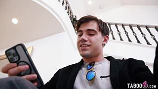 Young Guy Overwhelmed in Reverse Gangbang by Five Huge-Boobed Blonde Milfs.