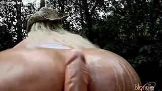cowgirl riding big dildo with oil in the forest