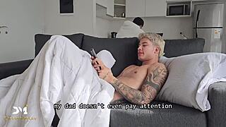 Stepsiblings give blowjob and deepthroat to stepdad, then ride and lick in missionary while watching tv, Danner Mendez