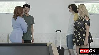 Two big tit sluts fuck boys and suck their cocks