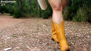 cowgirl riding big dildo with oil in the forest