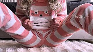 Skinny Teen 18+ Fingers Hairy Wet Pussy in Pajamas for Squirting Close-Up