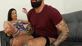 This cute girl gives a rough footjob and I cum all over her feet.