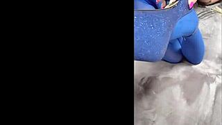 blue high heels with pantyhose