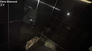 horny brunette swallows my cock in a hotel bathroom