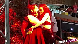 fat girl on stage gets hot wax poured on her, can she handle the burn?