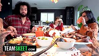 Thanksgiving Lunch Turns into Hot Foursome with Three Asian Girls Sharing One Cock