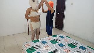 halloween bunny in slutty lingerie tempts stepmom fuck