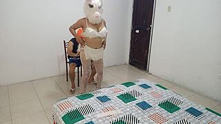 halloween bunny in slutty lingerie tempts stepmom fuck