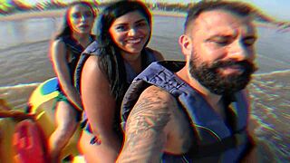 casal mattos and priscila belini bang lifeguard after banana boat ride.