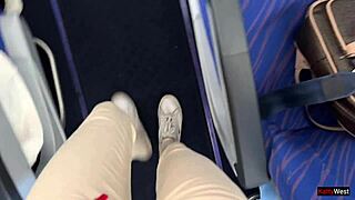 Risky public handjob on a crowded plane with close-up POV dick flashing
