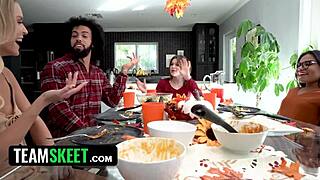 Thanksgiving Lunch Turns into Hot Foursome with Three Asian Girls Sharing One Cock