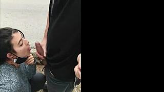 Hot brunette amateur sucking dick outdoor in public, damn! 🔥