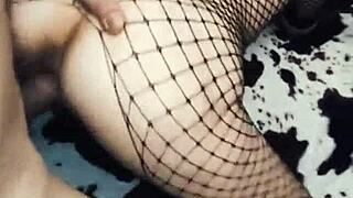 wife rides cowgirl in mesh bodysuit