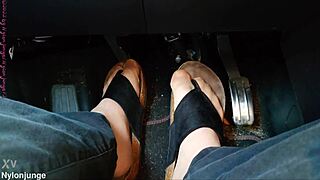 nylon feet with toe separators teased in the car