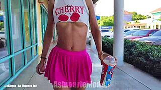 Cum out with me like this, flashing my hairy pussy under skirt