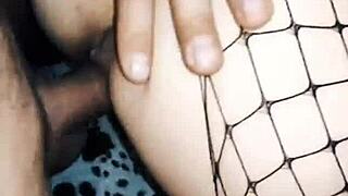 wife rides cowgirl in mesh bodysuit