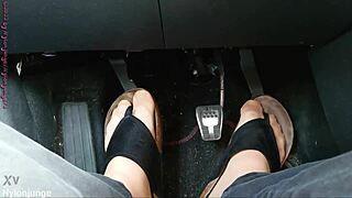 nylon feet with toe separators teased in the car