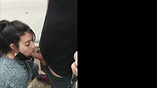 Hot brunette amateur sucking dick outdoor in public, damn! 🔥