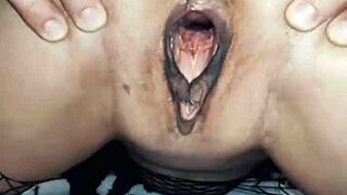 wife rides cowgirl in mesh bodysuit