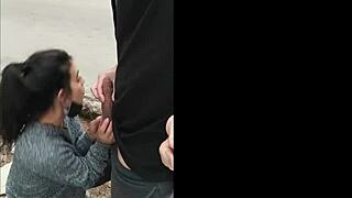 Hot brunette amateur sucking dick outdoor in public, damn! 🔥