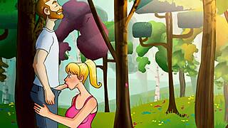 LETS PLAY PARADISE ISLAND PART 1 - SHE BLOWS HIM IN THE MIDDLE OF THE ORCHARD WHILE MASTURBATING