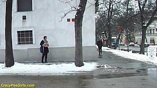 Damn, check this redhead BBW milf peeing out in public view!