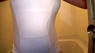 I secretly filmed the sexy Asian MILF in cosplay with huge tits and ass in the bath.