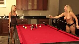 Cute lesbian teen plays billiards and shows her natural tits