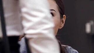 Intense fucking as the long-legged brunette rides her boss hard.